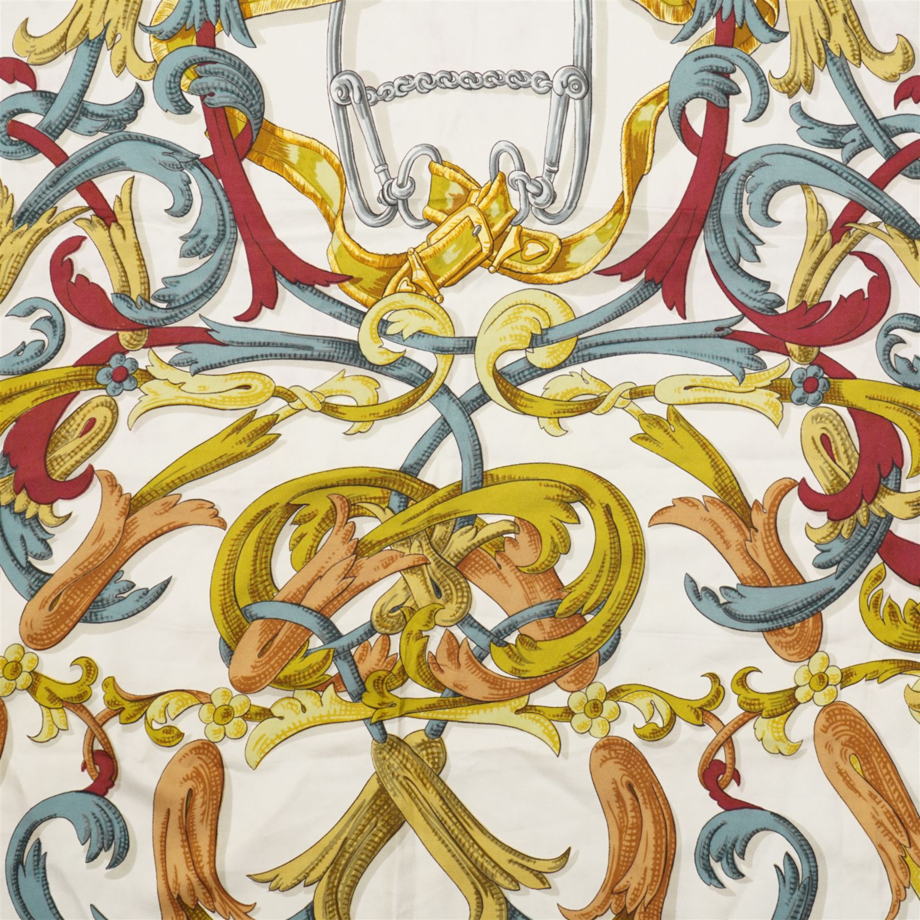 Hermes 'Le Mors A La Conetable' silk scarf, in the blue red and gold colourway, designed by Henri d'Origny, 88cm x 88cm