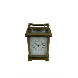Early 20th century French carriage clock with a timepiece movement by Richard & Co Paris, pin pallet escapement with a platform balance, enamel dial, Roman numerals, minute markers and steel spade hands.