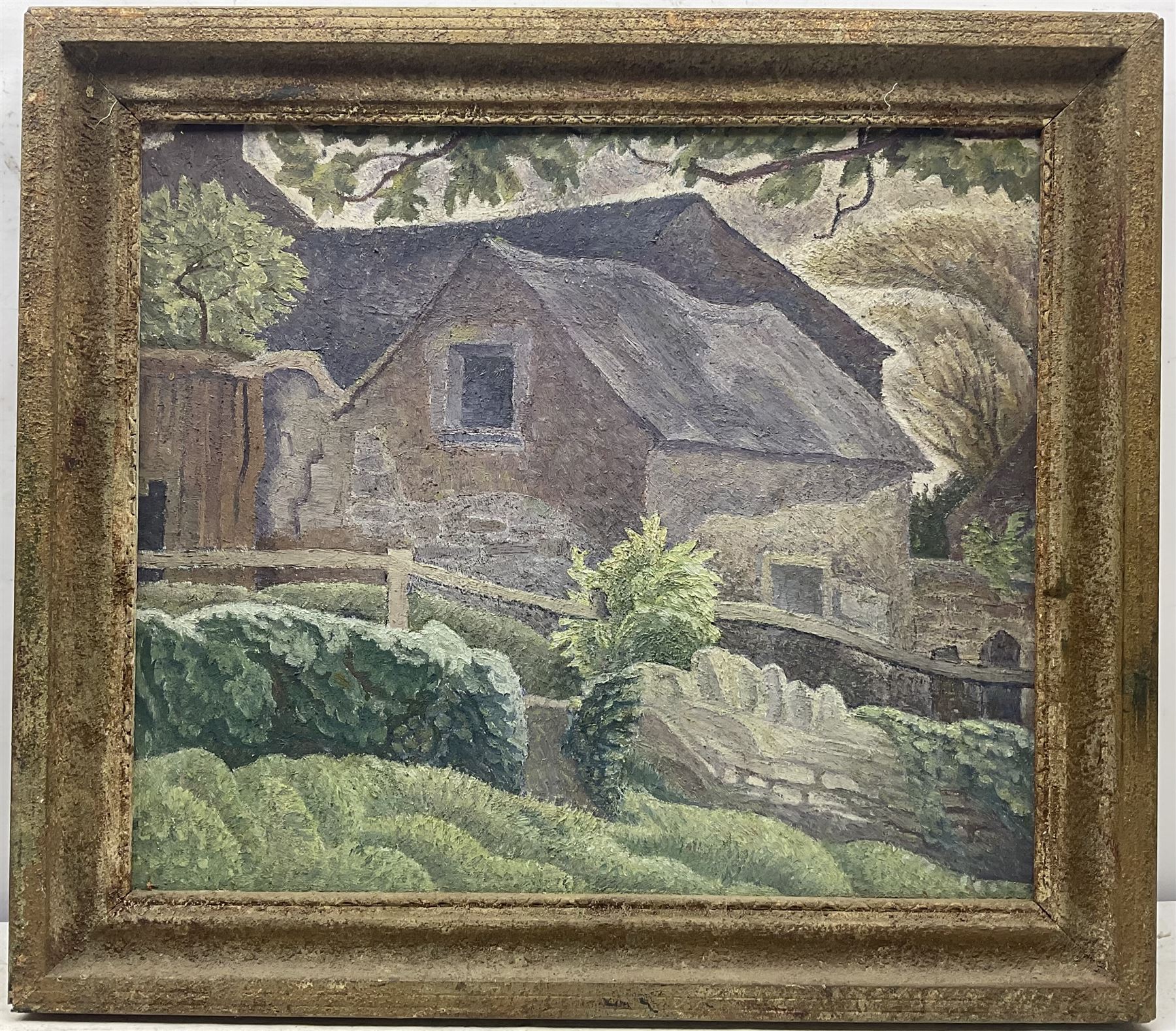 J Higgins (British Early/Mid-20th century): Impressionist Cottage Landscape, oil on board inscribed verso 46cm x 54cm