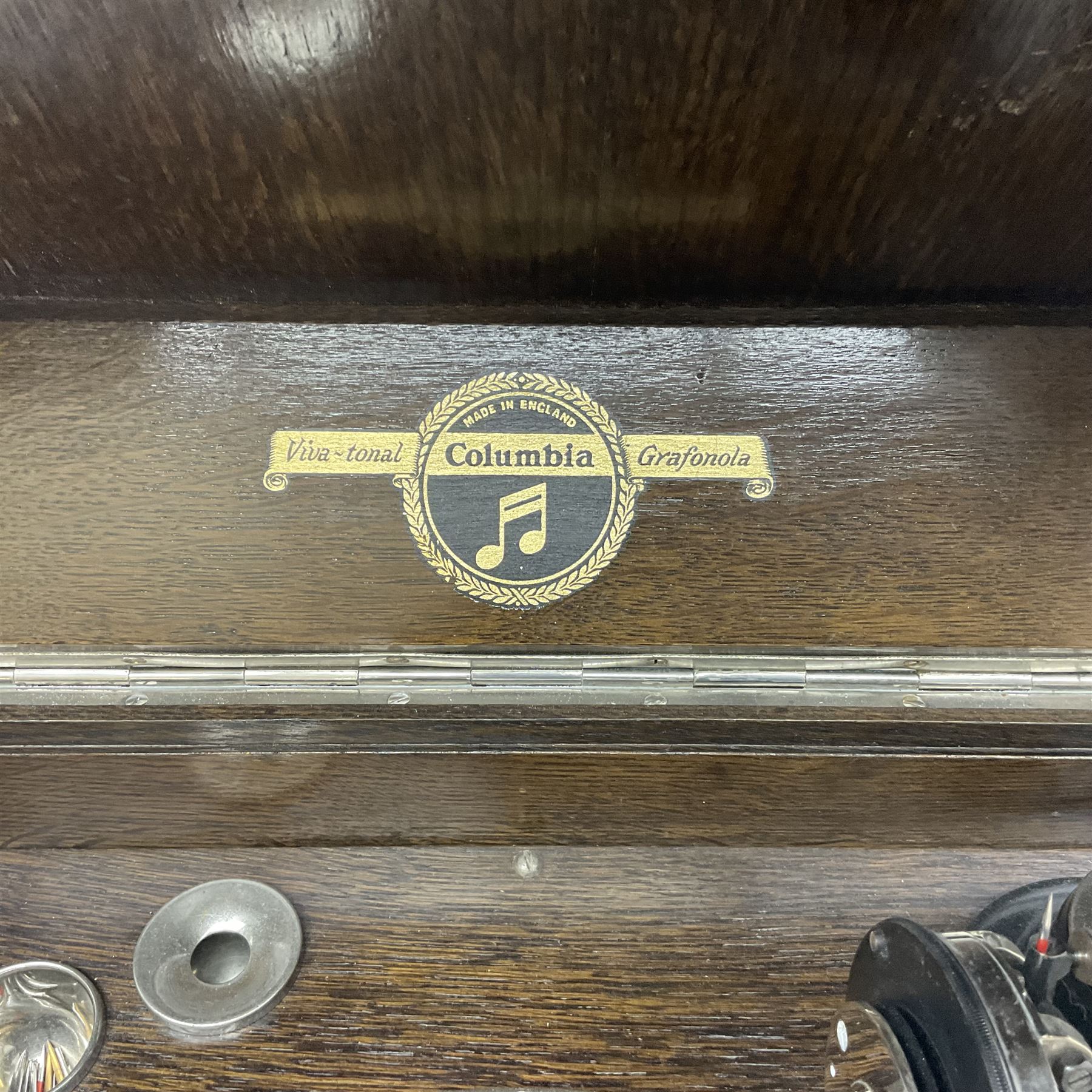 Columbia Grafonola tabletop hornless gramophone, with detachable winding handle, together with a collection of records 