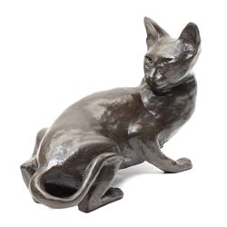 Two Seneshall bronzed resin cats, signed, W21cm and 23cm; together with a bronze effect mother and kitten , H10cm (3)