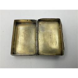 1920s silver cigarette case, with engine turned decoration and engraved initial to top corner, hallmarked W H Haseler Ltd, Birmingham 1921, together with a 1920s silver snuff box, with engine turned decoration and engraved initials, hallmarked The Usher Manufacturing Co, Birmingham 1922 and a late Victorian silver vesta case, with engraved scrolling decoration, hallmarked William Oliver, Birmingham 1898, tallest H7.8cm