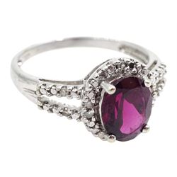 9ct white gold oval rubellite tourmaline ring, with diamond set shoulders, hallmarked