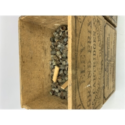 Four vintage Eley cartridge wooden crates each with stencilled decoration 35 x 24 x 23cm; now containing old used metal cartridges and caps etc (4)