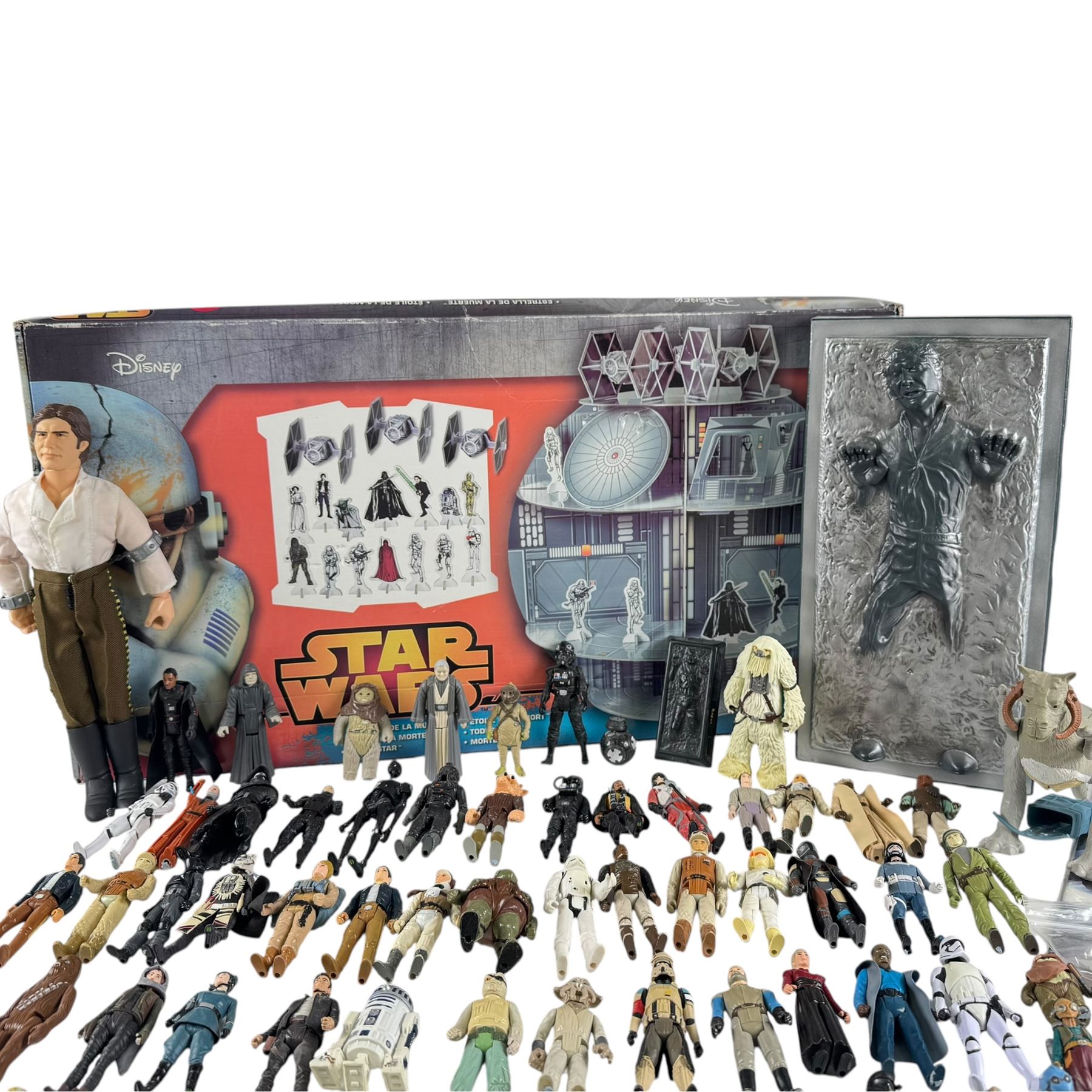 Collection of Hasbro Star Wars figures, including Han Solo prisoner action figure and loose 3.75 inch figures, Stor Disney Star Wars Death Star and a Modern Age Marvel Star Wars comic book issue #12