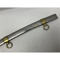 Early 19th century French Lancers officer's sword c1810, the 84cm curving fullered blade retaining most of its bluing, gilding and engraved decoration, inscribed I.S.& C. to ricasso (for Schimelbusch), brass three-bar hilt with elongated elliptical langets and wire-bound leather grip; in polished steel scabbard with two brass suspension rings L100cm overall