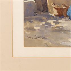 Mary Goudie Simpson (British 1869-1934): 'Vegetable Stall - Bruges', gouache signed, titled verso; Jean Fletcher (British 20th Century): 'St Anne's Square', mixed media signed and dated '95; together with two still lifes, oils on board signed K T and L I Warburton one dated 1906 max 45cm x 45cm (4)