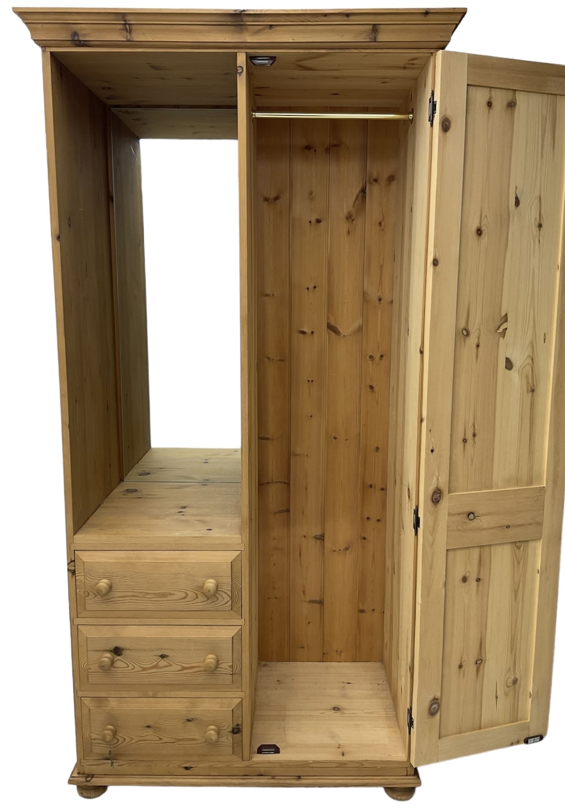 Traditional pine combination wardrobe, recessed cupboard with mirror back, fitted with single cupboard and three drawers