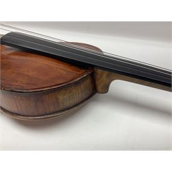 Mid-19th century German violin with 36cm two-piece maple back and ribs and spruce top; bears label 'David Tecchler fecit Roma 1712' L59cm overall; in later hard carrying case