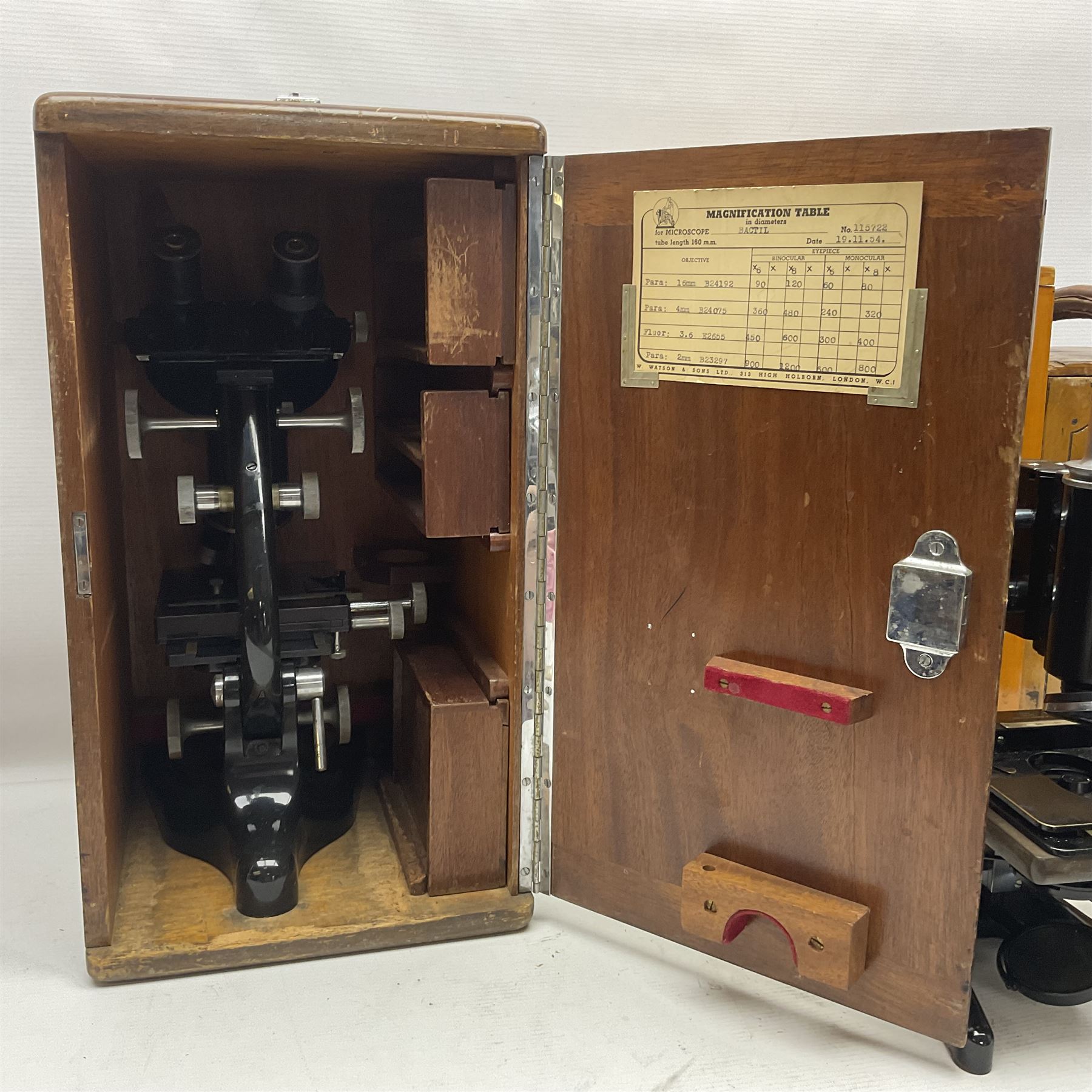 Three microscopes, comprising Ernst Leitz Wetzlar, W Watson & Sons service II no 125485, W Watson & Sons Bactil binocular no 115722, all boxed  