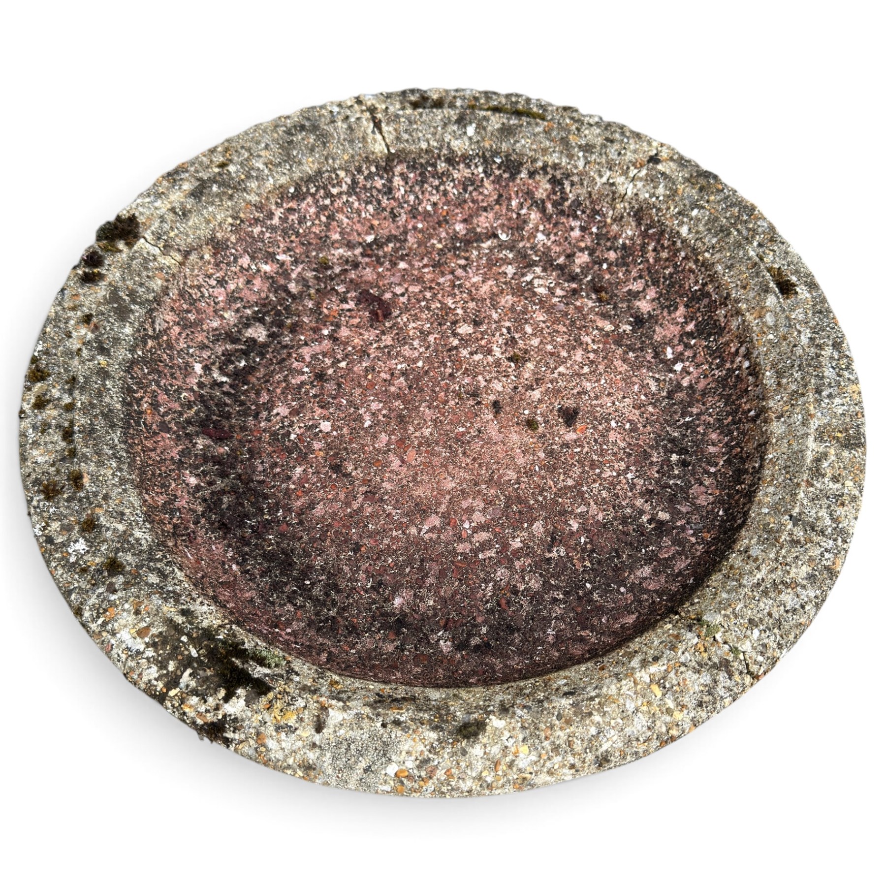 Weathered cast stone birdbath, the kylix shaped bowl with fluted body, raised on a fruiting foliate vine decorated fluted pedestal with upper knop and bird and fieldmouse motifs, shaped square base with scroll feet
