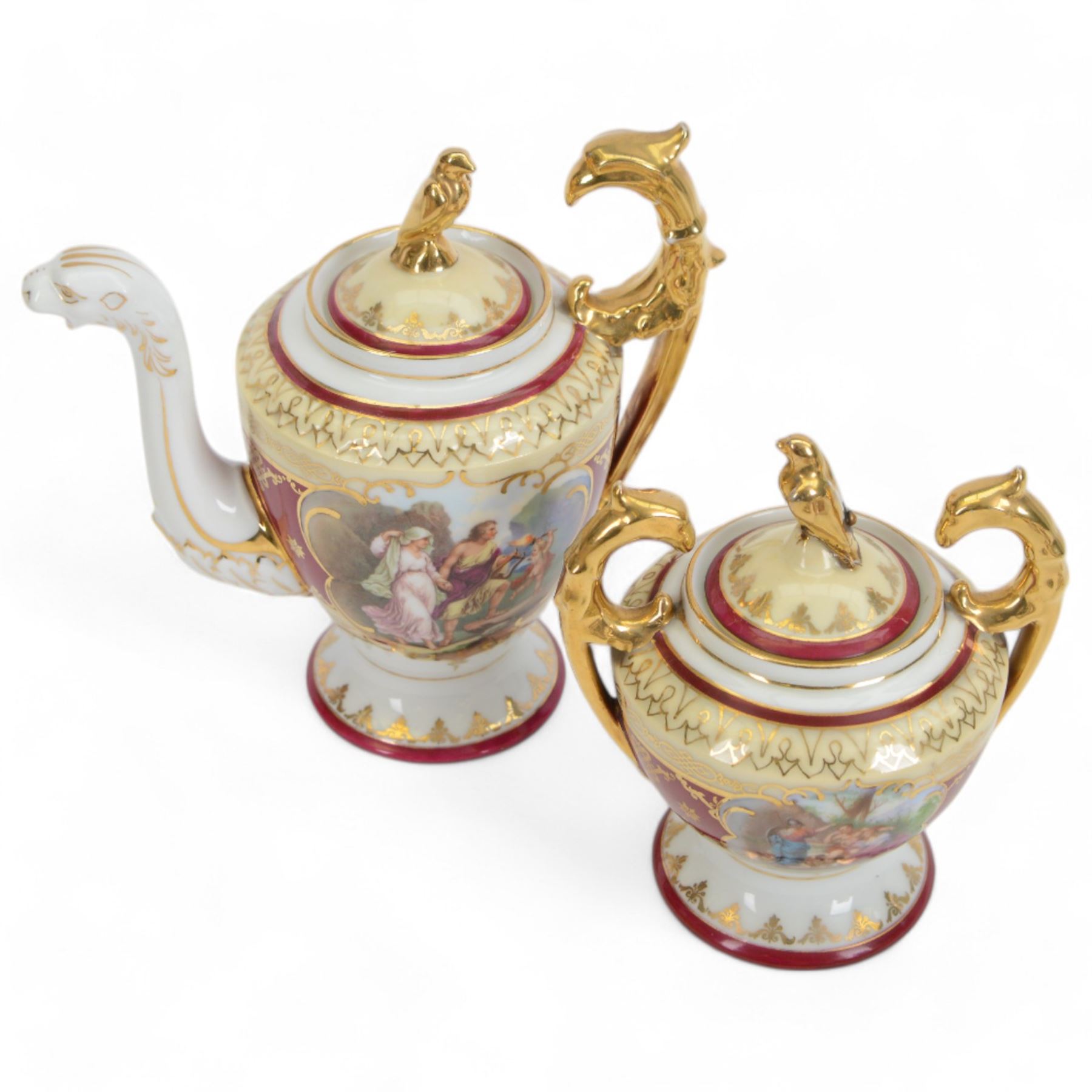 Vienna porcelain cabaret service for four, comprising tray, teapot, covered sucrier, milk jug, cups and saucers 