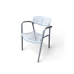 Set of eight mid-20th century painted aluminium garden armchairs, curved backs with shaped seat, stackable