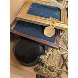Brass easels, onyx box, frames, costume jewellery, pen nibs, etc, in two boxes