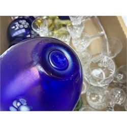 Collection of Bristol blue glass, to include a wine glass rinser with double spout, William Yeoward large wine glass, other vases, together with other glassware to include Caithness National Trust paperweights, Villeroy & Boch tealight holders, art glass vase, Stuart drinking glasses etc