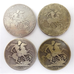  Four George III crowns 1820, another similar with illegible date and two 1821 (4)  