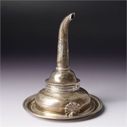 Early 19th century silver wine funnel with small circular stand engraved with a crest, mak...