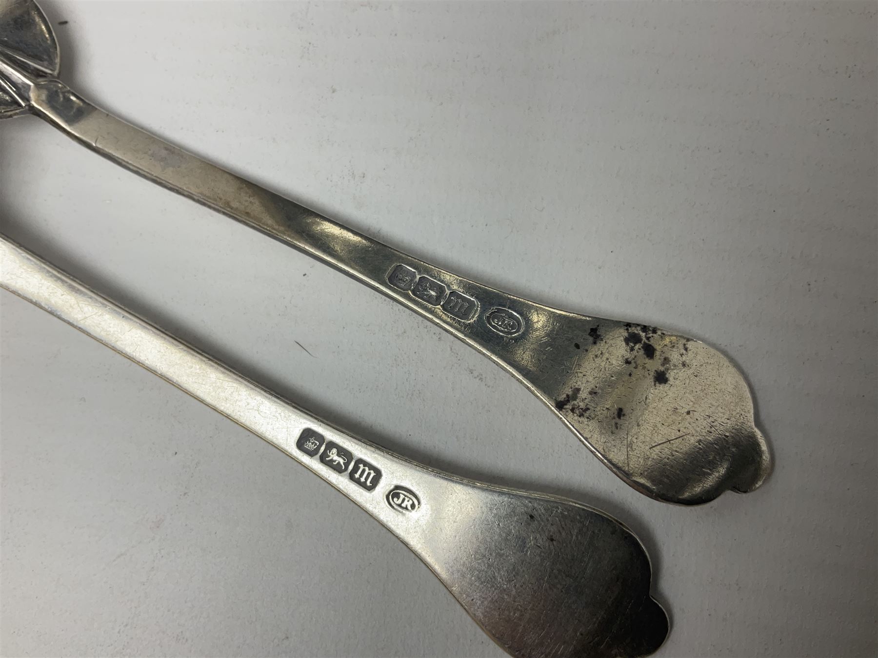 Modern silver specimen vase, of trumpet form, upon tapering knopped stem and weighted circular foot, hallmarked A T Cannon Ltd, Birmingham, date mark worn and indistinct, together with a Edwardian silver Dog Nose pattern fork and spoon set, hallmarked John Round & Son Ltd, Sheffield 1904, a silver coffee spoon, embossed with a golfing scene, hallmarked and two other spoons