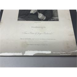 Group of William Wilberforce Abolition of Slavery items, comprising Wedgwood black on cane Jasperware pin tray, Wedgwood light blue Jasperware plate, and two Wedgwood oval medallion pendants, each depicting a kneeling figure beneath the inscription 'AM I NOT A MAN AND A BROTHER?', an Eastgate pottery plaque decorated in relief with a kneeling figure before William Wilberforce, a Hull Museum Publications pamphlet titled 'Medals, Tokens, etc., Issued in Connection with William Wilberforce and the Abolition of Slavery', by Thomas Sheppard, dated 1916, and an antique print depicting William Wilberforce after the original portrait by George Richmond, (7)