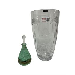 Thomas Webb clear glass vase of tapering form decorated with stylised flowers and sinuous strands, together with a Mdina art glass perfume bottle with stopper, tallest H25cm