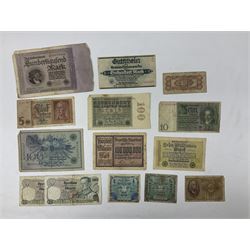 Great British and World coins and banknotes, including two Queen Victoria 1887 florins, King George V 1930 halfcrown, pre decimal pennies and other denominations, five Queen Elizabeth II five pound coins, United States of America 1964 Kennedy half dollar, German and other banknotes etc