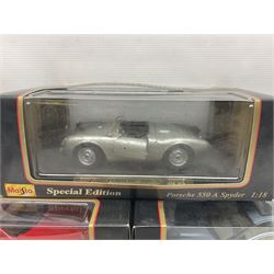Three Maisto Special Edition 1:18 scale die-cast models - Porsche 550A Spyder, Jaguar 'S' Type and Ferrari 550 Maranello; all boxed; five other unboxed Maisto/Bburago 1:18 scale models; and two Classic Collection lead crystal models of Classic Cars (10)