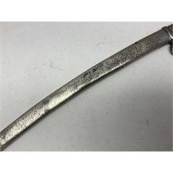 19th century Russian Imperial Navy sword, with 77.5cm curving fullered blade, brass three-bar hilt with lozenge shaped langets and wire-bound leather grip; in polished steel scabbard with one suspension ring L97cm overall