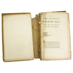 Limiers, Henri-Philippe de - 'Annales de la Monarchie Francoise', published Chez L'Honore & Chatelain Amsterdam  1724, three volumes in one with engraved frontispiece, sixty three full page plates and seven fold out genealogical tables, red and black title pages, full calf