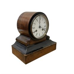 French- late 19th century mahogany and ebonised 8-day mantle clock c1890, cased drum movement with an enamel dial, Roman numerals and steel moon hands, countwheel striking movement, sounding the hours on a bell. With pendulum.