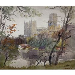 Charles E Hannaford (British 1863-1955): Durham from the River, watercolour signed and inscribed 29cm x 34cm