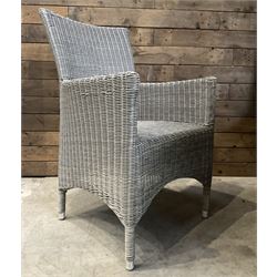 LeisureGrow circular rattan garden table, with lazy Susan, five armchairs with cushions, parasol and weighted base, with glass tops