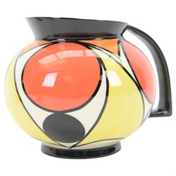 Lorna Bailey ceramics, including Oldcourt Ware jug, Bauhaus pattern wall pocket, cat figure and egg cup, all decorated in black, red, yellow and orange abstract patterns, wall pocket H18cm