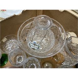 Royal Albert Poinsettia pattern part tea service, including tea cups, mugs, dessert plates, cake plate, together with James Kent plates, Crown Staffordshire Vermouth ceramic decanter label, glassware etc, two boxes 