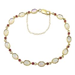 9ct gold oval opal and pink stone link bracelet, London 1987