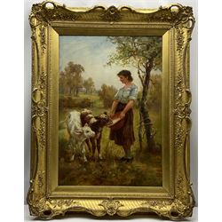Frederick (Fred) Morgan ROI (British 1847-1927): Young Girl Feeding Calves, oil on canvas signed 81cm x 56cm in swept gilt frame
Provenance:  private local collection, purchased by the vendor from Sotheby's London 15th June 1988 Lot 159 titled 'Motherless'; exh. Grosvenor Gallery London 1879 No.154; literature 'Grosvenor Notes' 1879 p.44 illustrated