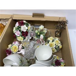 Royal Doulton Greenbrier pattern tea wares, together with a collection of porcelain flowers, Murano style coloured glass bowls, other ceramics and glassware, in four boxes 