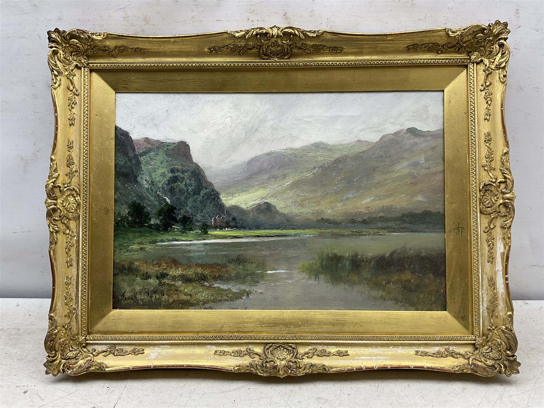 Frank Thomas Carter (British 1853-1934): Loch Landscape with Castle, oil on canvas signed 30cm x 45cm