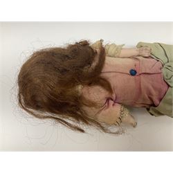 Victorian wax shoulder head doll with applied hair, inset glass eyes and jointed body with composition lower limbs; faded pink dress H35cm