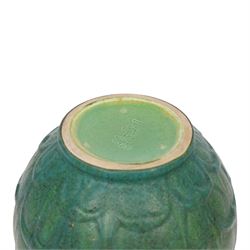 Pilkington's Royal Lancastrian green vase, of bulbous form, with stylised leaf decoration, with impressed mark and number 3362 beneath, H17cm 