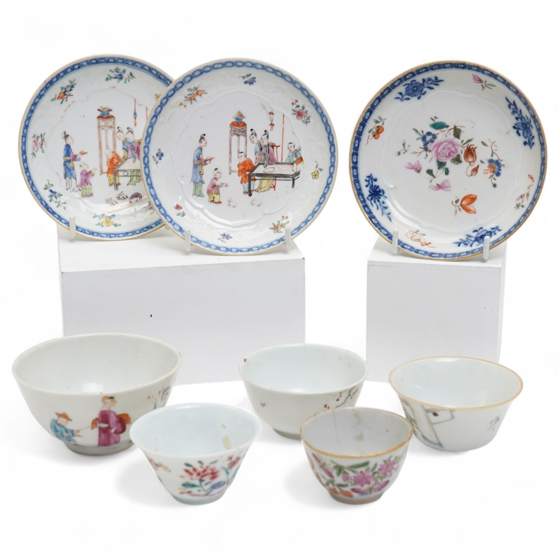 Group of eight 18th century and later Chinese famille rose and similar painted teabowls and dishes, to include unmarked peony cup, small cup decorated with flowers and butterfly, cup decorated with female figure gazing out of a window in a Buddhist temple with indistinct square character mark to base, pair of saucers unmarked, and others with character scenes unmarked (8)