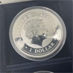 Four one ounce fine silver coins, forming 'The 2007 Famous World Silver Coin Collection', comprising United States eagle, Australian kookaburra, Chinese panda and Canadian maple leaf, cased with Westminster certificate 