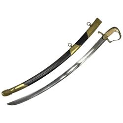 British pattern 1796 Light Cavalry Officer's sword, the 83.5cm curving steel blade marked 'W. Parker London' and 'Warranted' verso, brass stirrup hilt with half-round langets, knucklebow and backstrap with ribbed ivory grip; in brass mounted leather covered scabbard with two suspension rings L97cm overall. This item has been registered for sale under Section 10 of the APHA Ivory Act 