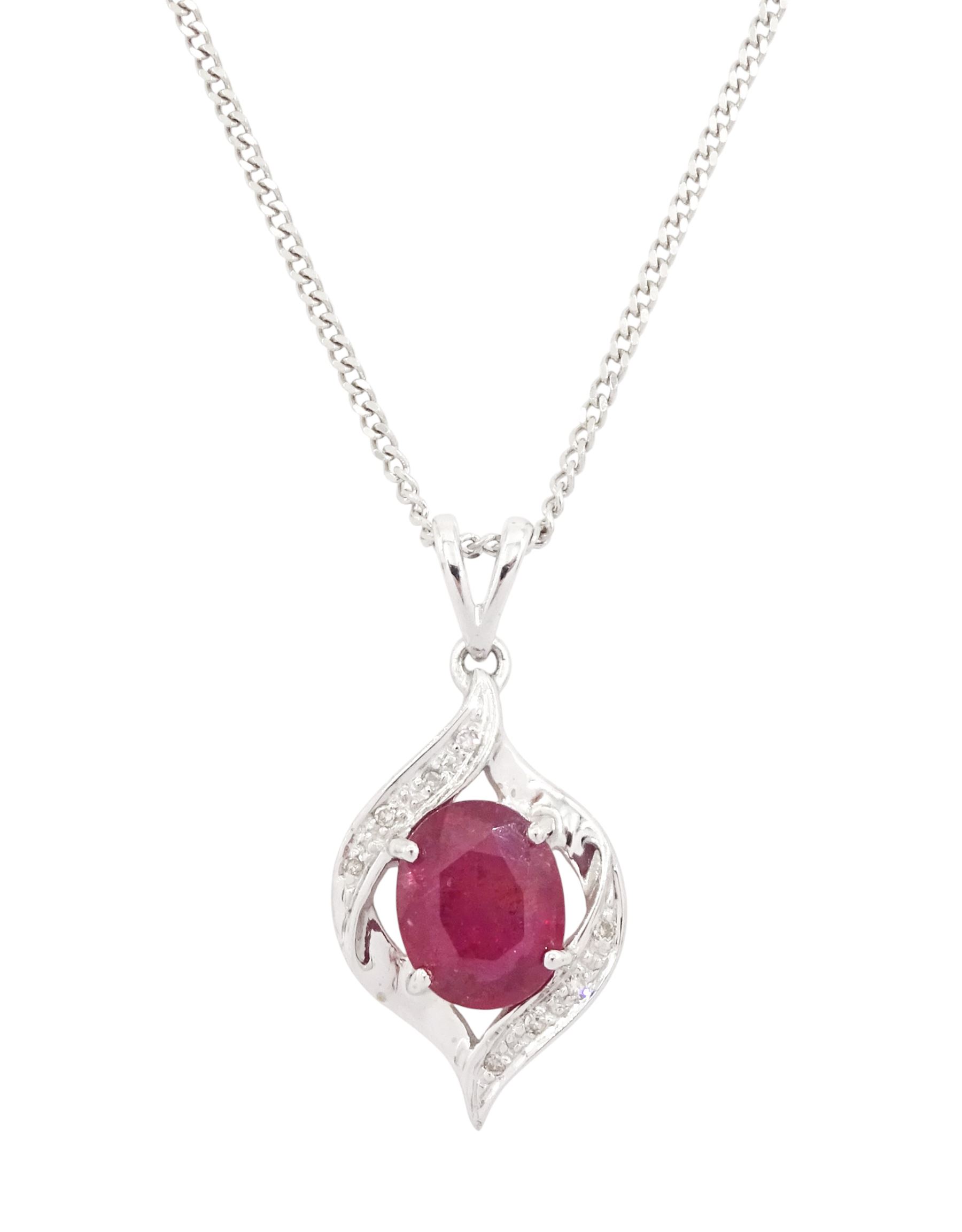 
18ct white gold ruby and diamond pendant necklace, single oval cut ruby of approx 2.50 carat, with single cut diamond surround, on a flattened curb link chain necklace