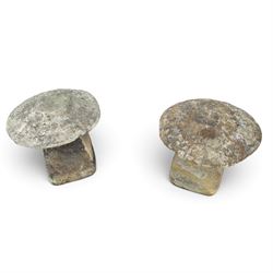 Pair of 19th century weathered hewn sandstone two-piece staddle stones, domed circular top...