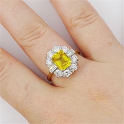 18ct gold yellow sapphire and diamond cluster ring, single octagonal cut yellow sapphire of approx 2.15 carat, surrounded by eight brilliant cut diamonds and two baguette cut diamonds within a milgrain setting, stamped, total diamond weight 1.2 carat