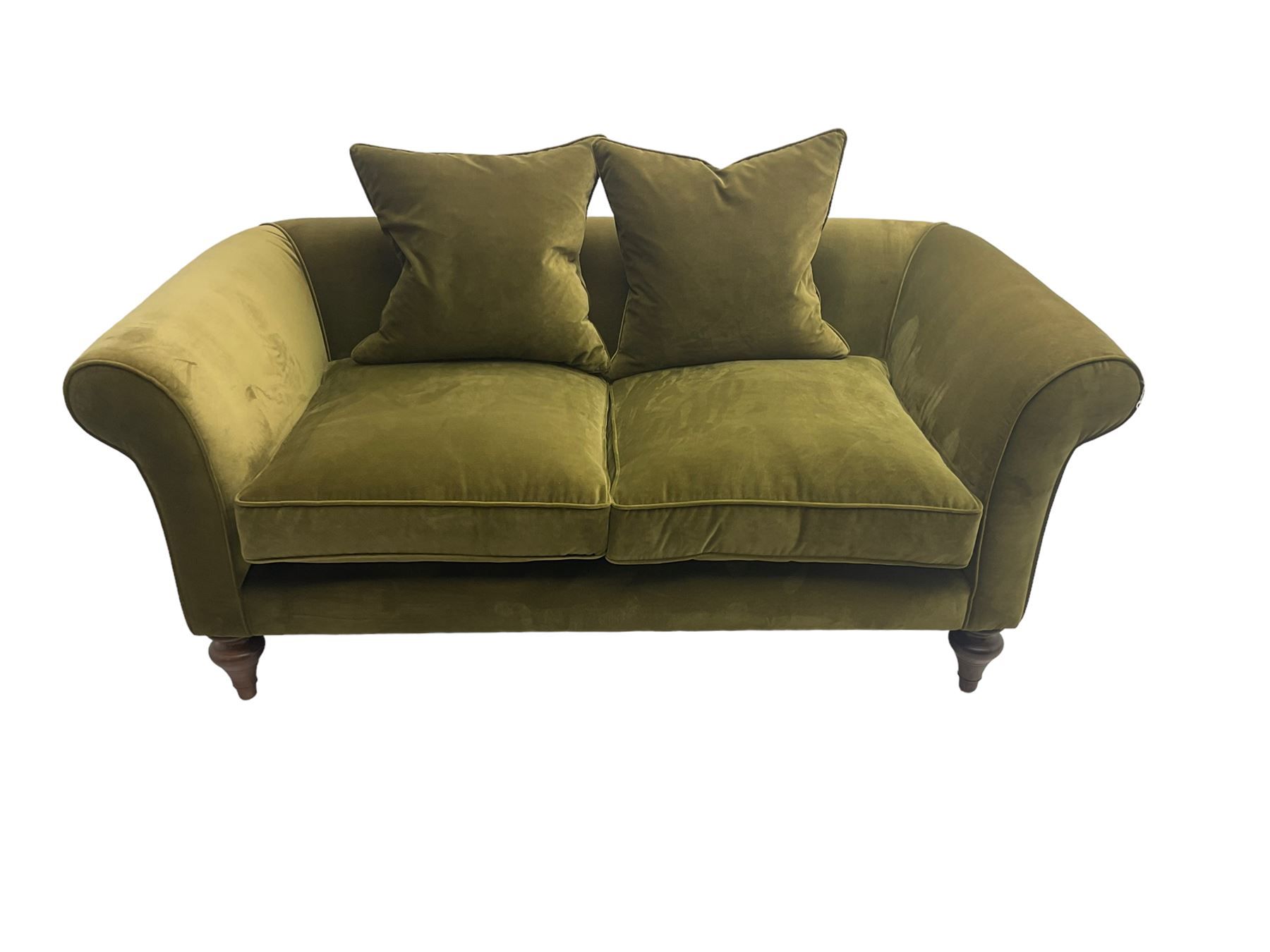 Sofas & Stuff - 'Clavering' two seat sofa upholstered in olive green velvet, scrolled arms, on turned front supports, with matching scatter cushions