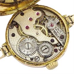 Rolex early 20th century ladies 9ct rose gold manual wind half hunter wristwatch, white enamel dial with Arabic hour markers, London import marks 1916, the back case engraved 'Vera', on later expanding bracelet, Birmingham 1960
