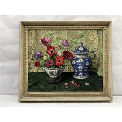 Alfred Hawkins Palmer (British 1905-1984): 'Anemones in a Kangxi Bowl', oil on board signed, titled and signed verso with artist's address 51cm x 61cm
