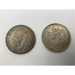 Two United States of America silver Morgan dollars dated 1885 O, 1888 O, King George V 1935 crown coin, and Mexico 1968 twenty-five pesos coin