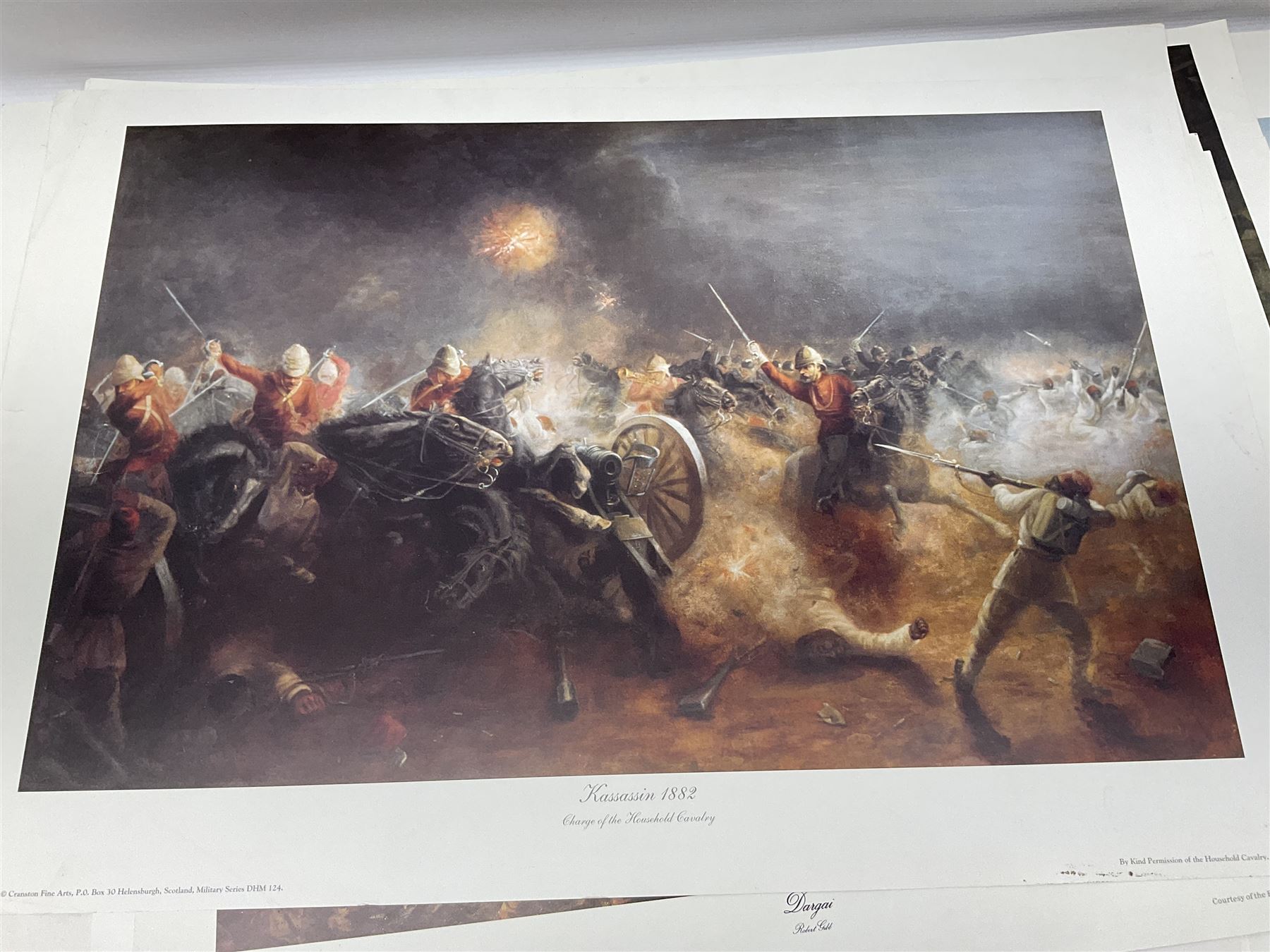 Large poster entitled 'Crests and Badges of the British Army in Daily Use 56 x 86cm; together with twenty-five colour prints of military interest including Crimean War, Boer War, WW2 etc; various sizes; all unframed